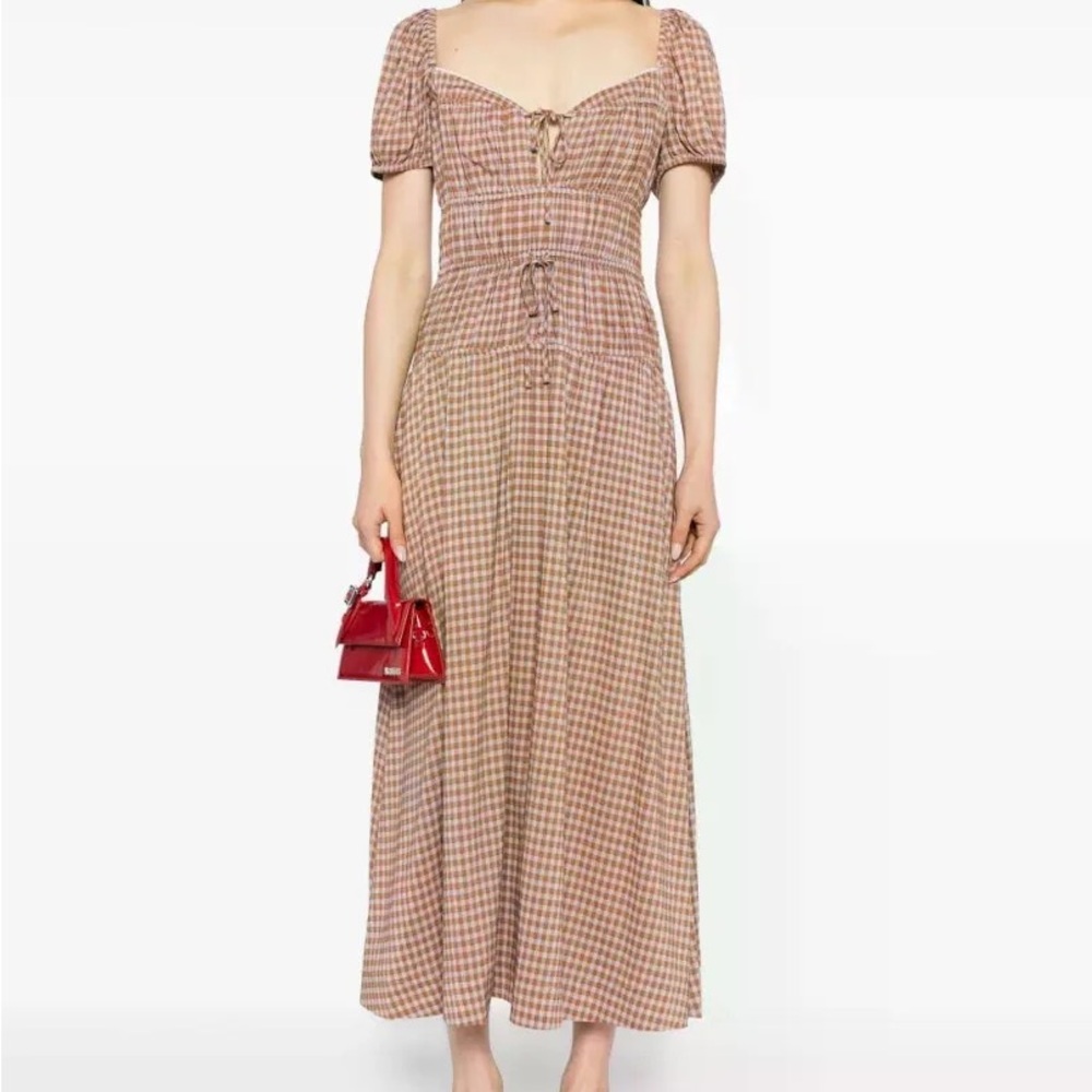 Reformation Brown Gingham Puff Sleeve Dress